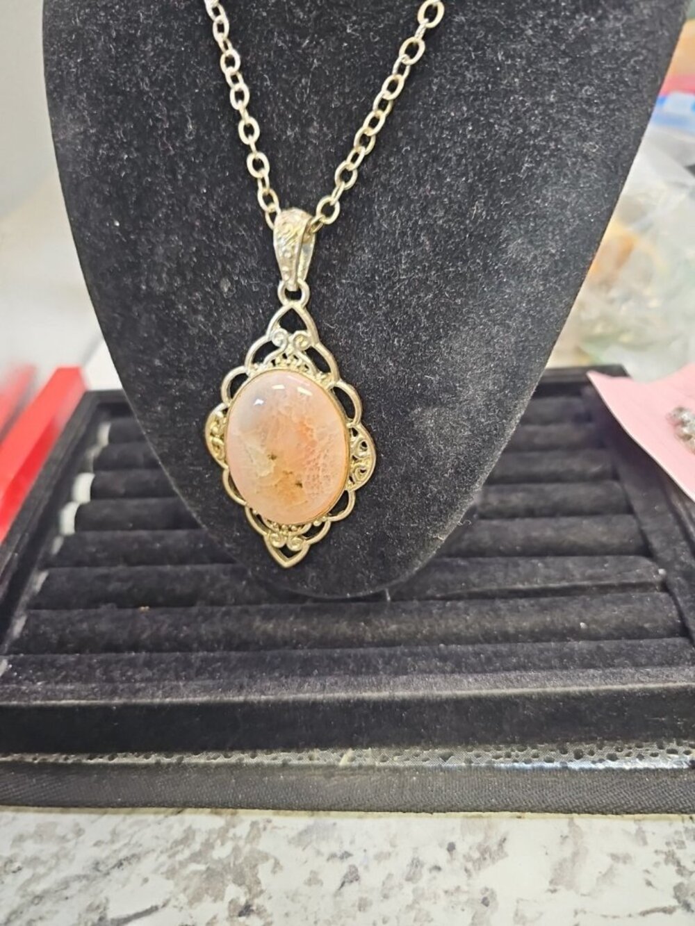 Necklace Silver-tone Ornate Pendant W/peach Color Stone 24"inches